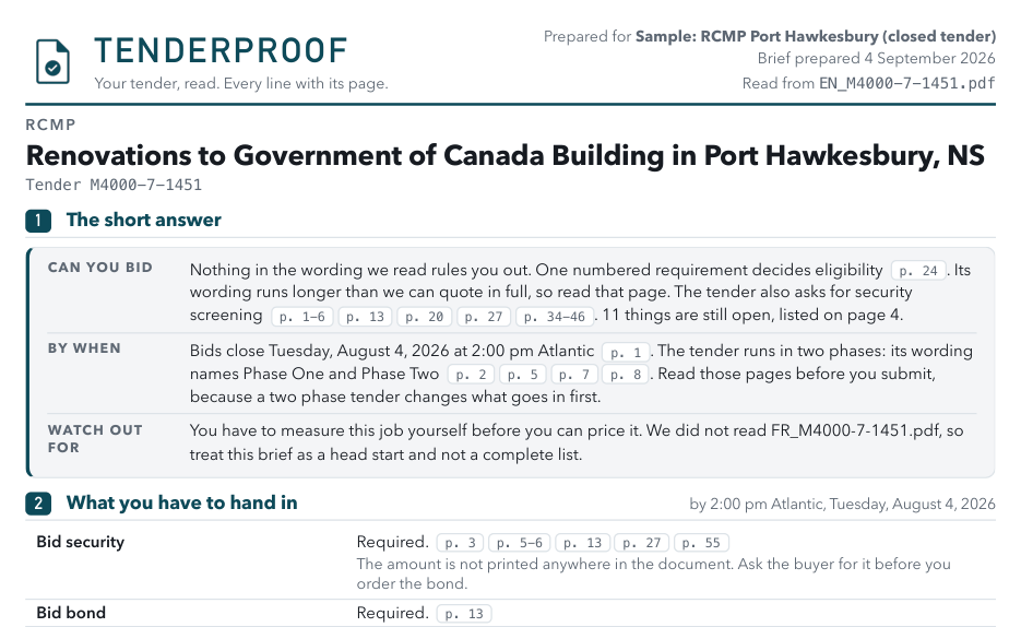 The top of page one of a TenderProof brief: the tender title and the short answer, with the page it came from